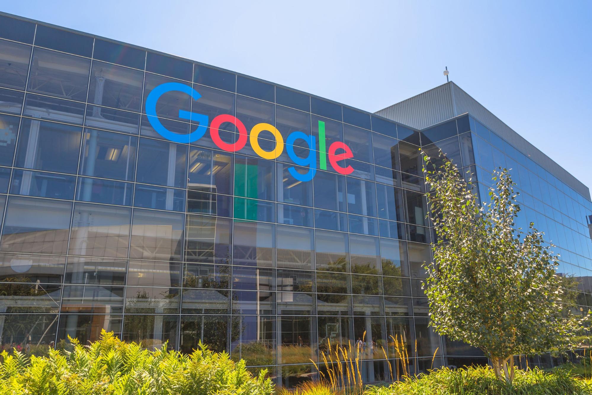 The front of the Google Headquarters building, supporting forced arbitration concept