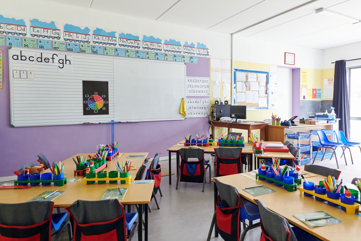 Empty Classroom In Elementary School With Whiteboard And Desks; teachers union classrooms closed concept