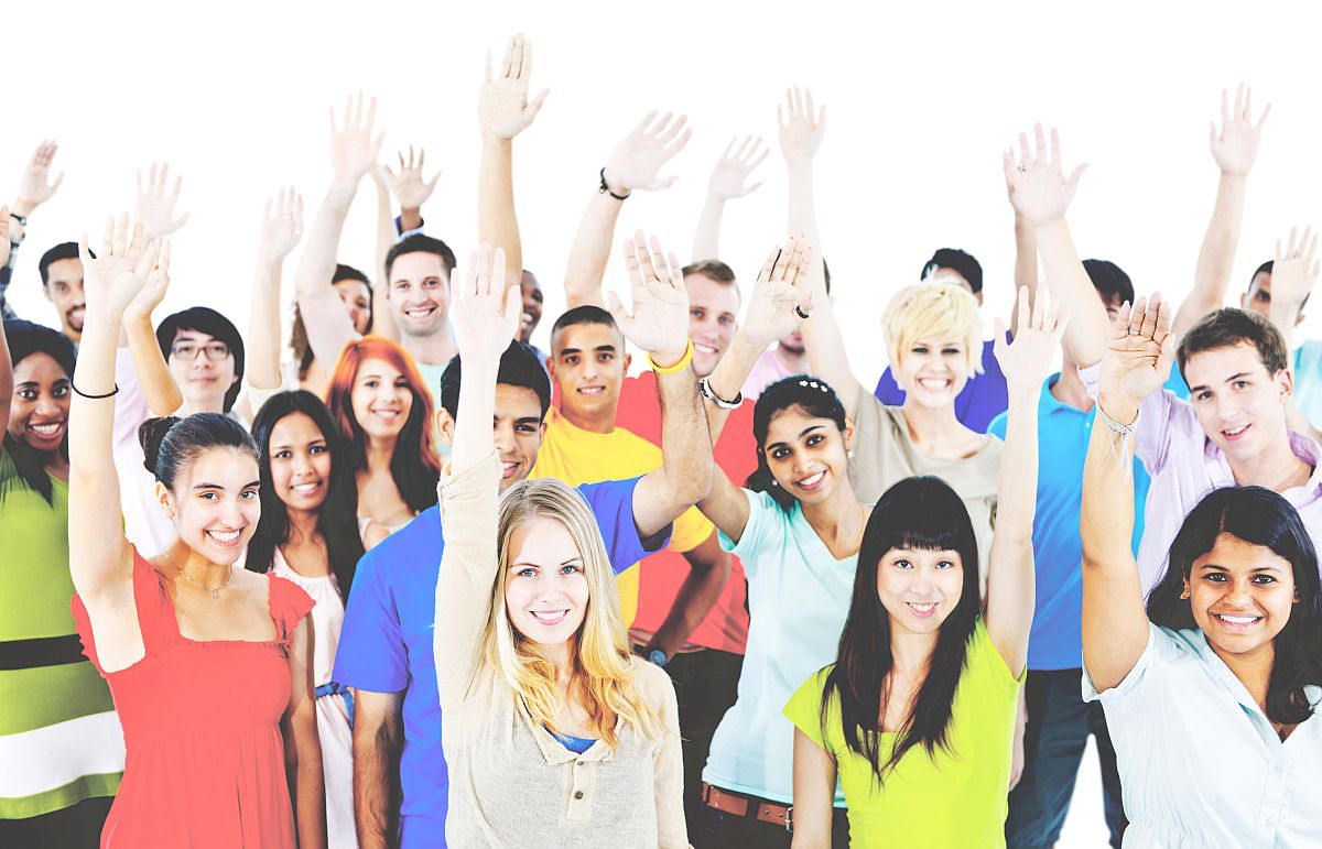 group of smiling workers with arms raised; digital tools to win a union election concept