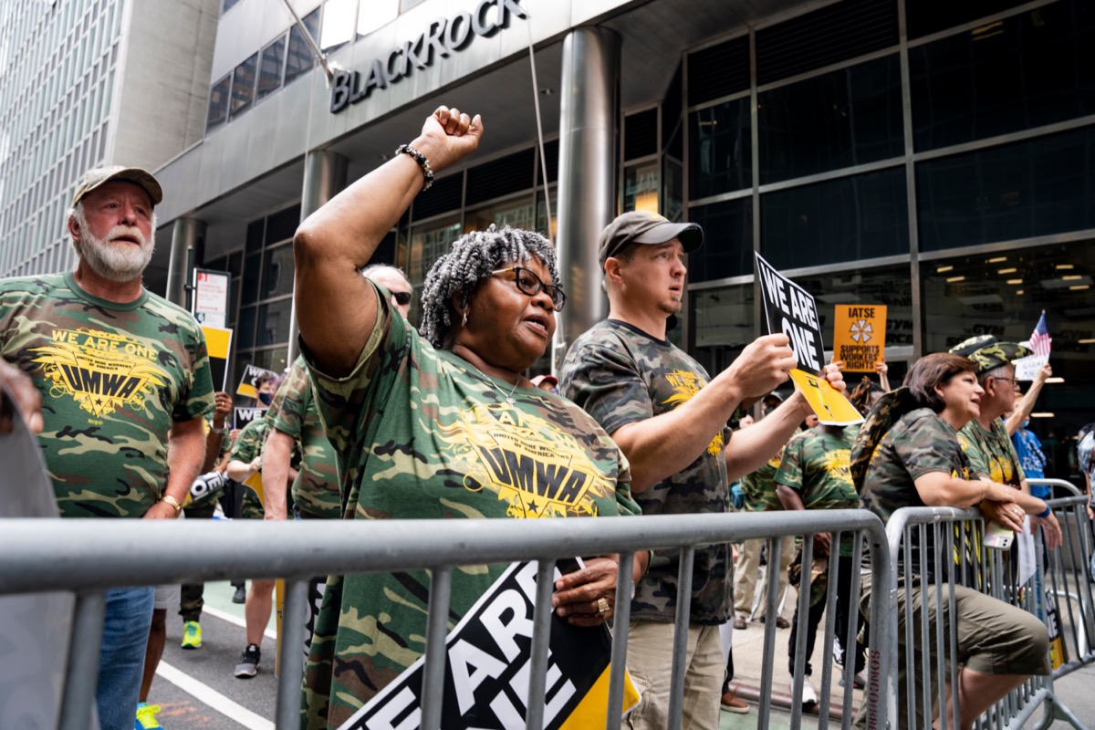 Warrior Met Coal Miners on Strike From Alabama Protest Outside BlackRock Office in Manhattan; warrior met coal strike concept