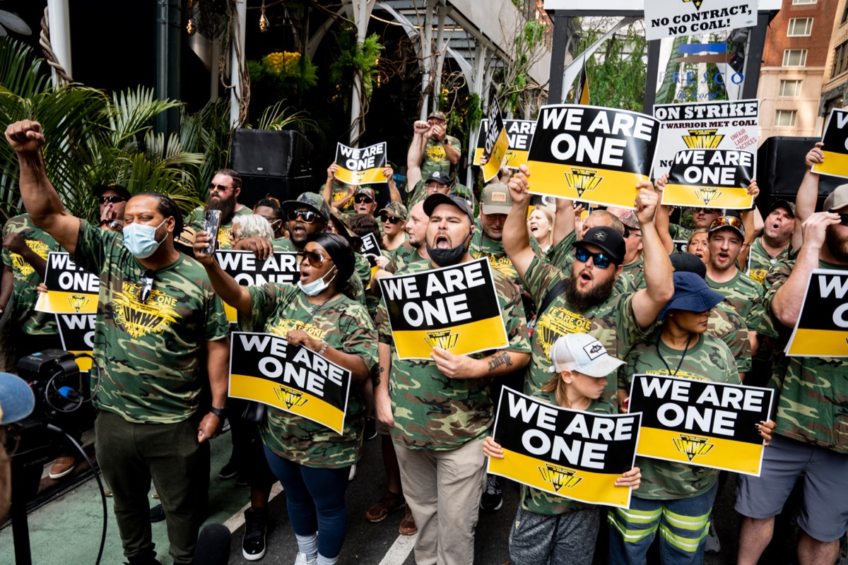 Warrior Met Coal Miners on Strike From Alabama Protest Outside BlackRock Office in Manhattan; warrior met coal strike concept